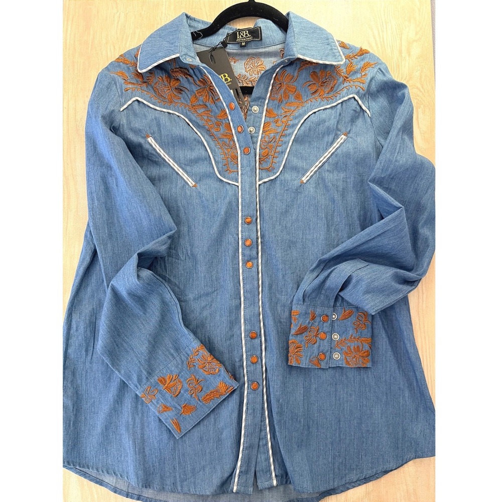 L&B Lucky & Blessed Womens Blue Western Embroidered Pearl Snap Shirt Medium NEW